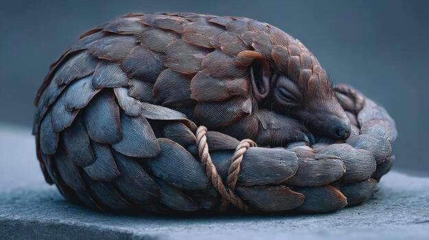 Resting pangolin curled in a protective ball showcasing unique scales and earthy tones in a serene natural environment photo