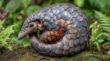 Close-up of Unique Pangolin Curled Into a Ball Surrounded by Lush Greenery with Intricate Scale Patterns in Nature photo