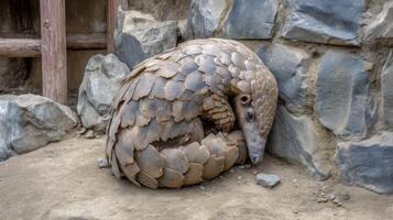 Brown pangolin resting against a rocky wall in a natural habitat, showcasing its unique textured scales and curled posture. photo