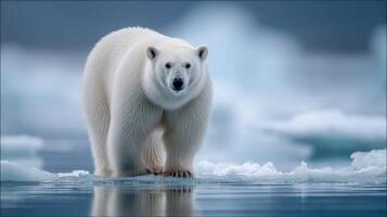 Majestic Polar Bear Walking on Ice in Arctic Landscape with Soft Light and Captivating Blue Tones photo