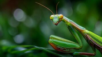 Colorful and Detailed Close-Up of Praying Mantis in Natural Green Environment with Soft Bokeh Background and Sharp Focus photo