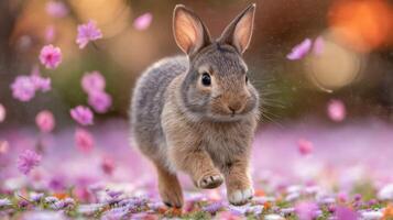 Adorable Rabbit Running Through Colorful Flower Field with Soft Bokeh Background photo