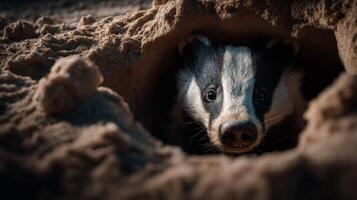 Badger Emerging from Sandy Burrow with Focused Expression Captured in Natural Habitat During Golden Hour Light photo