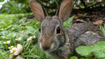 Close-up Portrait of a Curious Rabbit in a Garden Surrounded by Green Grass and Wildflowers on a Sunny Day photo