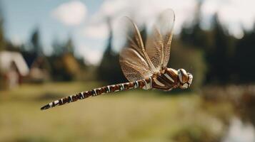 Captivating Close-Up of a Dragonfly in Flight Against a Scenic Nature Background with Soft Bokeh Effect photo
