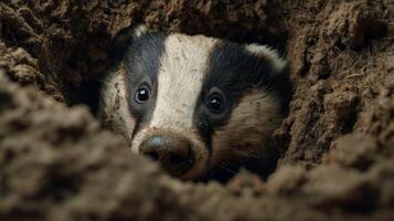 Curious Badger Emerging from Earth Hole in Natural Habitat, Close-Up on Face and Expression, Wildlife Photography photo