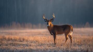 Majestic deer standing in a serene field during sunrise with gentle light illuminating its antlers and the surrounding landscape photo