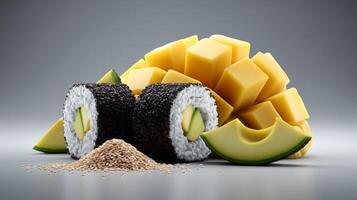 Fresh and Colorful Sushi with Melon and Mango Cubes on a Simple Gray Background Perfect for Culinary Themes photo