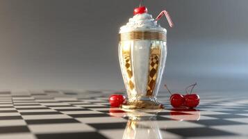Elegant dessert glass filled with whipped cream, cherry, and vintage straw on a checkerboard surface, enticing visual appeal photo
