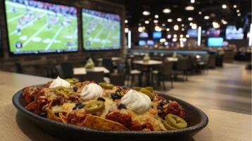 Delicious nachos topped with chili, jalapenos, and sour cream in a trendy restaurant with sports screens in the background photo
