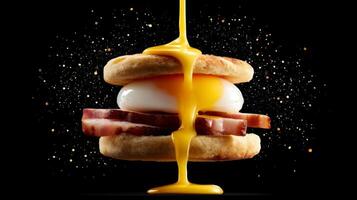 Breakfast Sandwich with Savory Bacon, Poached Egg, and Dripping Cheese Sauce against a Black Background photo