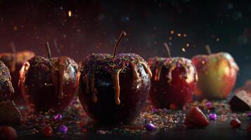 Sweet and Colorful Caramel Apples with Sprinkles on Dark Background, Perfect for Halloween and Autumn Celebrations photo