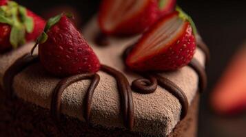 Decadent chocolate cake topped with fresh strawberries and rich chocolate drizzle, perfect for dessert lovers and celebrations photo
