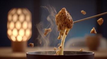 Delicious Melting Cheese Fondue Being Served with Fresh Ingredients in Warm Ambiance for Culinary Experience photo