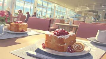 Breakfast Scene with Delicious Toast, Jam, and Pastry in a Bright photo