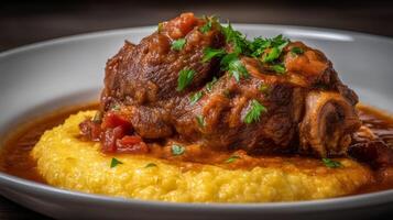 Savory Slow-Cooked Meat Dish with Creamy Polenta and Herbs Garnish in a White Bowl photo