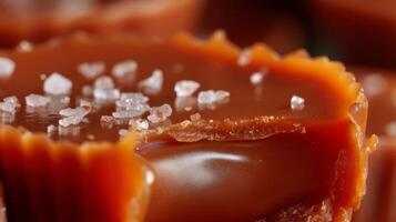 Close-up of creamy caramel candy topped with coarse salt crystals showcasing rich texture and sweet indulgence in dessert photography photo