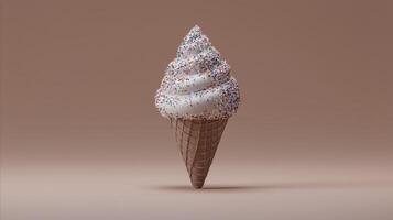 Delicious ice cream cone with fluffy swirl topped with colorful sprinkles set against a minimalistic neutral background photo