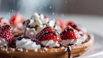 Freshly Made Waffles Topped with Strawberries, Whipped Cream, and Chocolate Sauce on a Plate photo