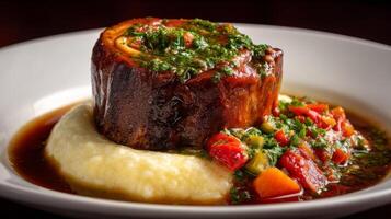 Savory dish featuring braised meat on creamy polenta with vibrant vegetable garnish and rich sauce on a dark background photo