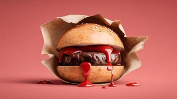 Juicy hamburger with ketchup dripping from patty in a paper wrap on a pink background for delicious food imagery photo