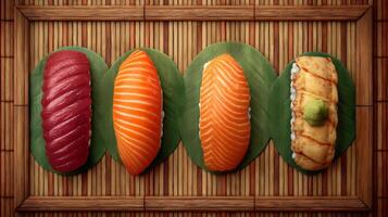 Colorful sushi assortment on bamboo mat featuring fresh salmon, tuna, and unique toppings in an appetizing presentation photo