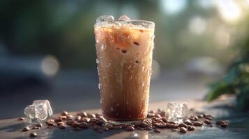 Refreshing iced coffee drink with ice cubes and coffee beans on a bright sunny day outdoors in a clear glass cup photo