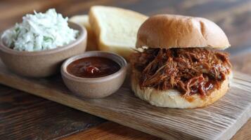 Savory Pulled Pork Sandwich with Coleslaw and Bread on Rustic Wooden Platter photo