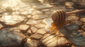 Honey Dripping from Wooden Dipper on Rustic Wooden Surface in Soft Natural Light photo