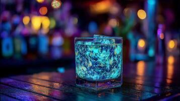 Vibrant Neon Cocktail on Wooden Bar in a Dimly Lit Lounge with Colorful Bokeh in Background photo