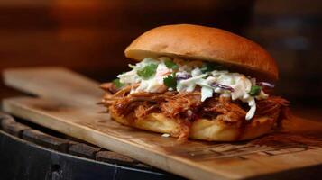 Juicy Pulled Pork Sandwich with Fresh Slaw on Rustic Wooden Board Surrounded by Warm Lighting and Textured Background photo