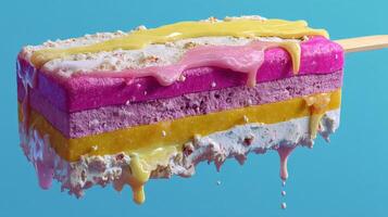 Colorful layered ice cream popsicle melting on a stick over a vibrant blue background with dripping toppings and textures photo