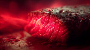 Close-up of Juicy Steak with Rich Red Color and Freshly Sliced Texture on Wooden Board Against Blurred Background photo