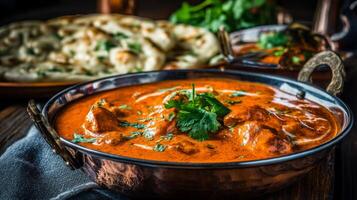 Delicious rich curry dish with tender meat and fresh herbs served in a traditional copper bowl with naan bread in background photo