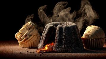 Delicious dessert assortment featuring molten lava cake, creamy cupcake, and smooth ice cream with steaming flavors and rich textures photo