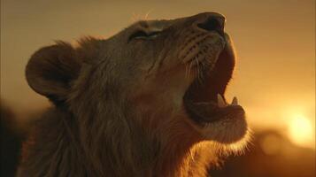 Majestic Lion Roaring Against Golden Sunset in African Savannah Capturing Power and Beauty of Wildlife photo