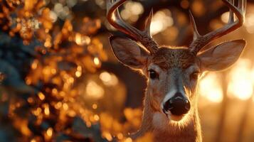 Majestic Buck Surrounded by Autumn Leaves in Golden Sunset Light with Soft Focus Background photo