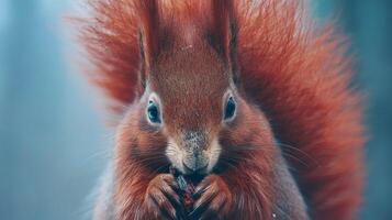 Cute red squirrel holding a nut in its paws with a fluffy tail in a serene forest environment during autumn season photo