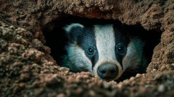 Curious Badger Peeking Out from Burrow in Natural Habitat with Earthy Tones and Intriguing Expression photo