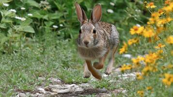Rabbit Running Through Wildflowers in a Natural Green Landscape During Spring Season photo