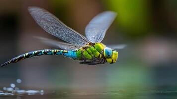 Vibrant Dragonfly Hovering Above Calm Water Surface in Natural Habitat Capturing Brilliant Colors and Intricate Details photo