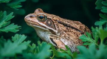 Close-Up View of a Brown Frog Sitting Among Green Leaves in a Natural Habitat, Capturing Unique Textures and Details photo