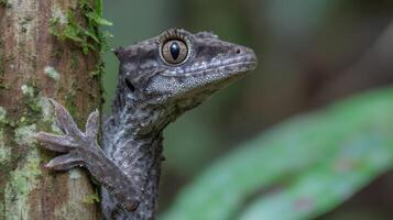 Close-Up of a Unique Lizard Clinging to Tree Bark in Lush Rainforest Environment with Natural Light and Rich Textures photo