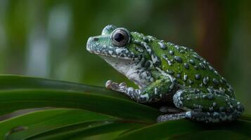 Green frog perched on lush leaf in tropical forest, showcasing vibrant colors and intricate patterns in natural habitat photo