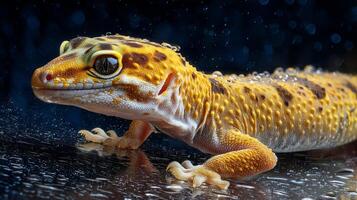 Close-Up of a Colorful Gecko with Droplets on Glass Against a Black Background photo