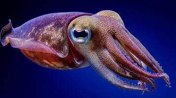 Vibrant underwater close-up of a colorful squid showcasing intricate patterns and textures against a deep blue background photo