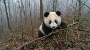 Adorable giant panda cub climbs on a fallen branch in a misty bamboo forest, showcasing its playful and curious nature photo