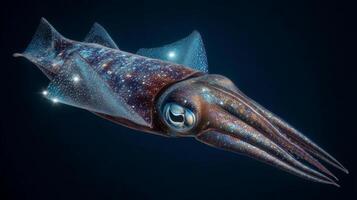 Colorful and Detailed Representation of a Squid Swimming Through Dark Waters with Sparkling Effects photo