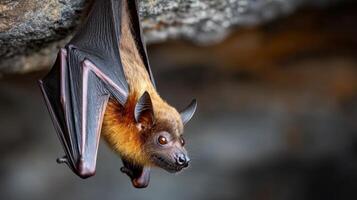 Majestic Bat Hanging Upside Down from Rock Ceiling in Natural Habitat with Intricate Wing Details and Fascinating Features photo