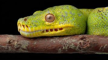 Close-Up of Vibrant Green Snake with Distinctive Yellow and Brown Features on a Branch Against a Black Background photo